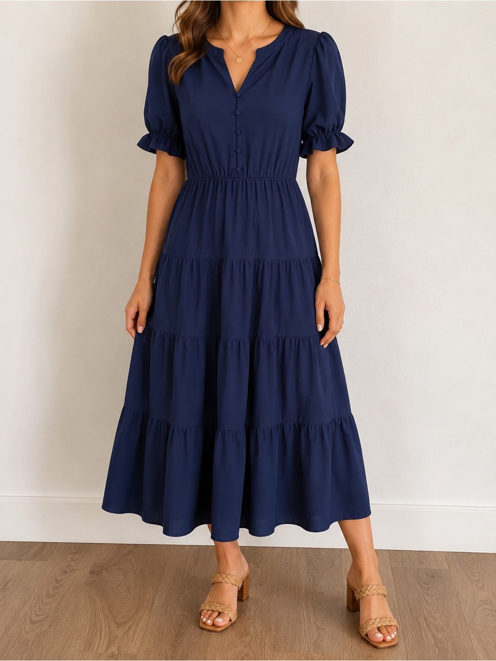 Women's Navy Tiered Midi Dress with Puff Sleeves